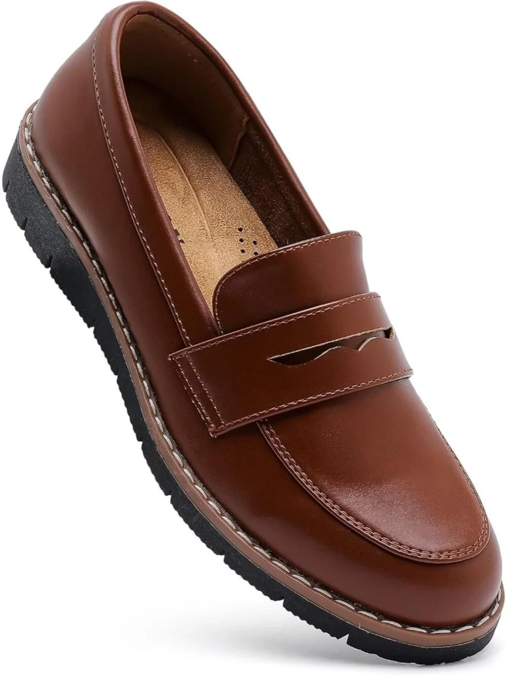 🆕Women's Classic Brown Round Toe Platform Chunky Heeled Loafers Business Shoes